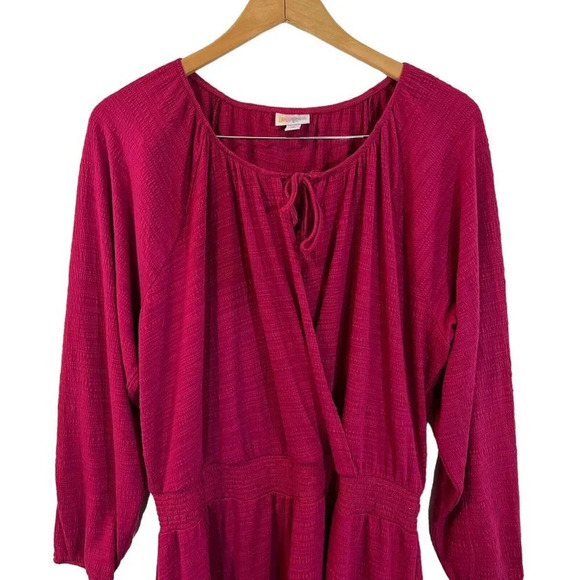 LulaRoe Hot Pink Midi Dress XL Draped Keyhole V Neck Long Balloon Sleeve Stretch - Picture 3 of 6